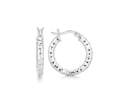Sterling Silver Polished Rhodium Plated Faceted Hoop Style Earrings(3x15mm)