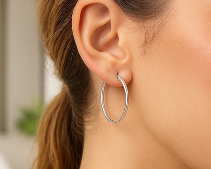 Sterling Silver Thin Polished Hoop Style Earrings with Rhodium Plating (2x30mm)
