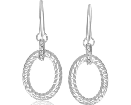Sterling Silver Rhodium Finished Diamond Embellished Oval Rope Drop Earrings