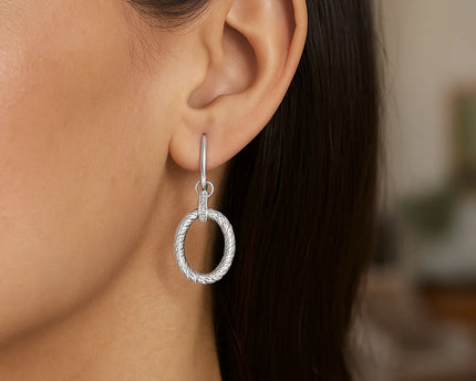 Sterling Silver Rhodium Finished Diamond Embellished Oval Rope Drop Earrings