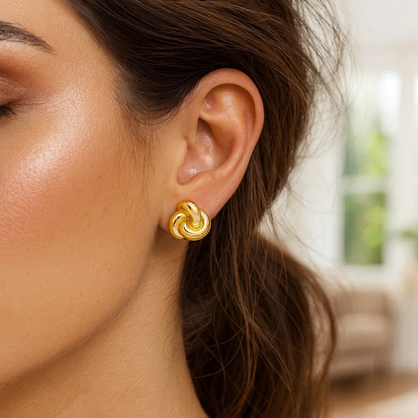 Sterling Silver Yellow Gold Plated Puffed Love Knot Stud Earrings
