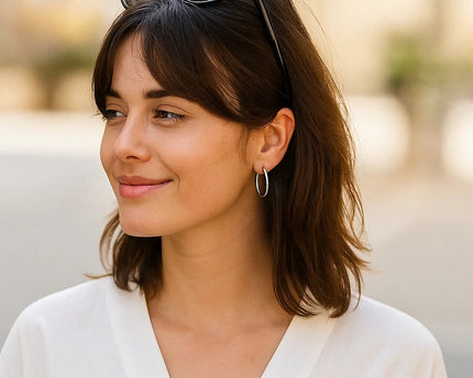 Sterling Silver Rhodium Plated Thin and Polished Hoop Motif Earrings (2x25mm)