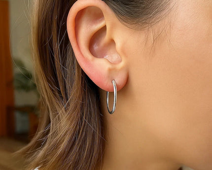 Sterling Silver Rhodium Plated Thin and Polished Hoop Motif Earrings (2x25mm)