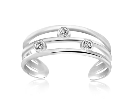 Sterling Silver Rhodium Plated Triple Line Open Motif Cubic Zirconia Toe Ring
