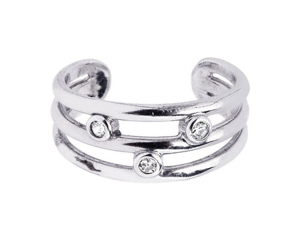 Sterling Silver Rhodium Plated Triple Line Open Motif Cubic Zirconia Toe Ring