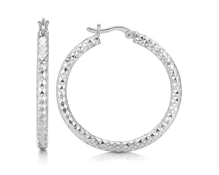 Sterling Silver Faceted Motif Large Hoop Earrings with Rhodium Plating(4x25mm)