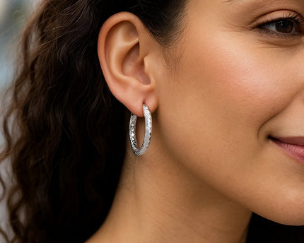 Sterling Silver Faceted Motif Large Hoop Earrings with Rhodium Plating(4x25mm)