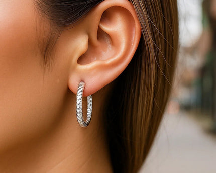 Sterling Silver Faceted Motif Large Hoop Earrings with Rhodium Plating(4x25mm)
