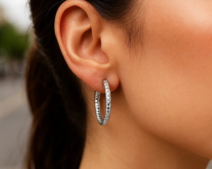 Sterling Silver Faceted Motif Large Hoop Earrings with Rhodium Plating(4x25mm)