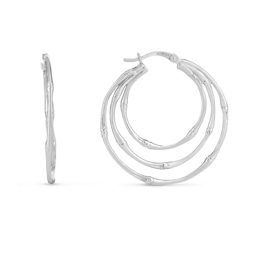 Sterling Silver Rhodium Plated Multi Row Bamboo Hoop Earrings