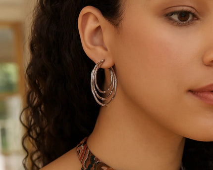 Sterling Silver Rhodium Plated Multi Row Bamboo Hoop Earrings