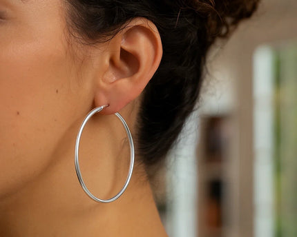 Rhodium Plated Hoop Earrings in Sterling Silver (3x60mm)