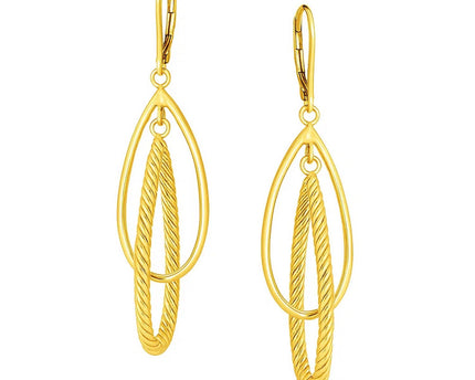 14k Yellow Gold Earrings with Shiny and Textured Teardrop Dangles