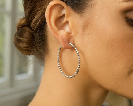 Sterling Silver Medium Bead Hoop Earrings