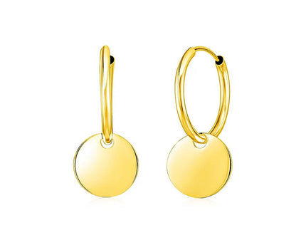 14k Yellow Gold Huggie Style Hoop Earrings with Circle Drops