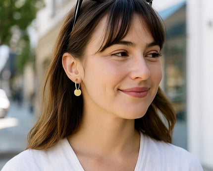 14k Yellow Gold Huggie Style Hoop Earrings with Circle Drops