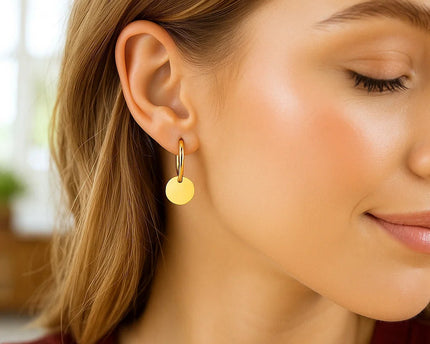 14k Yellow Gold Huggie Style Hoop Earrings with Circle Drops