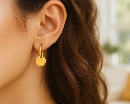 14k Yellow Gold Huggie Style Hoop Earrings with Circle Drops