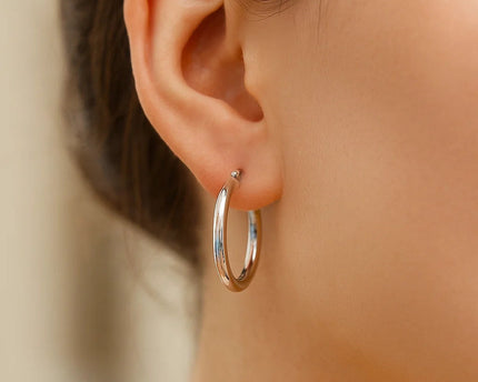 Sterling Silver Polished Hoop Motif Earrings with Rhodium Plating (3x20mm)