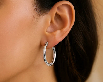 Sterling Silver Polished Hoop Motif Earrings with Rhodium Plating (3x20mm)