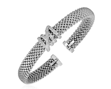 Popcorn Texture Cuff Bangle with Diamonds in Sterling Silver (8.00 mm)
