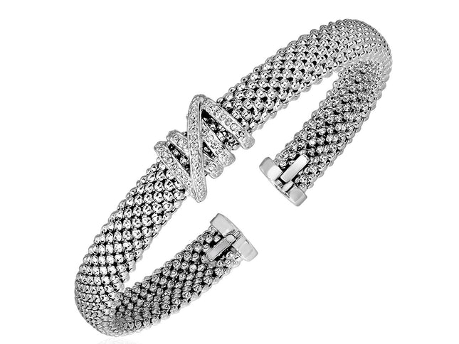 Popcorn Texture Cuff Bangle with Diamonds in Sterling Silver (8.00 mm)