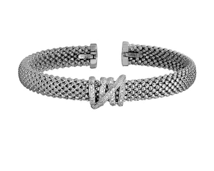 Popcorn Texture Cuff Bangle with Diamonds in Sterling Silver (8.00 mm)