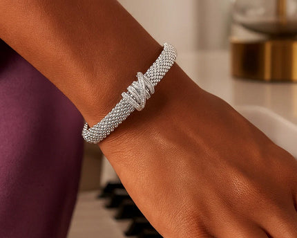Popcorn Texture Cuff Bangle with Diamonds in Sterling Silver (8.00 mm)