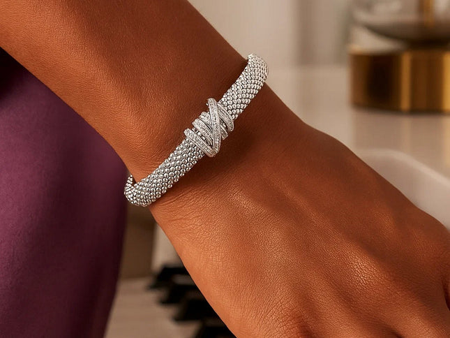 Popcorn Texture Cuff Bangle with Diamonds in Sterling Silver (8.00 mm)