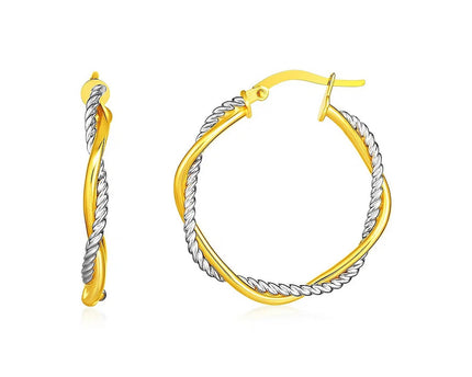 14k Yellow and White Gold Two Part Textured Twisted Round Hoop Earrings(3x23mm)
