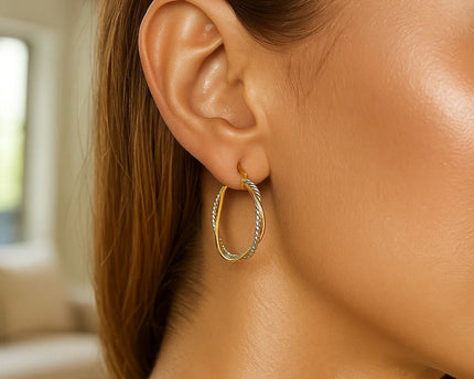 14k Yellow and White Gold Two Part Textured Twisted Round Hoop Earrings(3x23mm)
