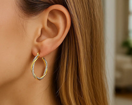 14k Yellow and White Gold Two Part Textured Twisted Round Hoop Earrings(3x23mm)