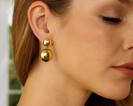 Sterling Silver Rhodium Plated Puffed Round Double Button Drop Earrings