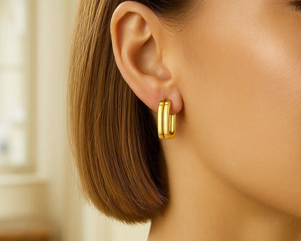 Double Square Tube Hoop Earrings in 14K Yellow Gold