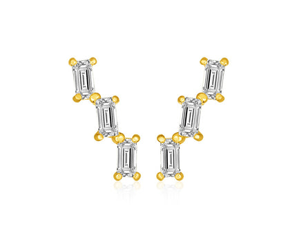 14k Yellow Gold Climber Post Earrings with Baguette Cubic Zirconias