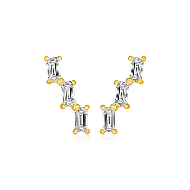 14k Yellow Gold Climber Post Earrings with Baguette Cubic Zirconias