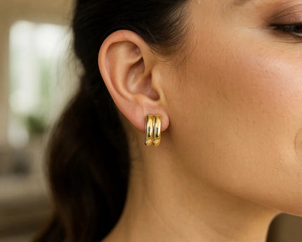 14K Yellow Gold Polished Double Row C Hoop Earrings