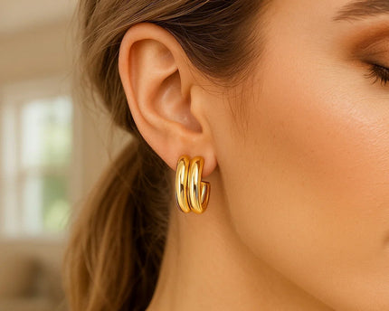 14K Yellow Gold Polished Double Row C Hoop Earrings
