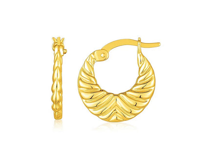 14K Yellow Gold Graduated Grooved Fancy Hoop Earrings