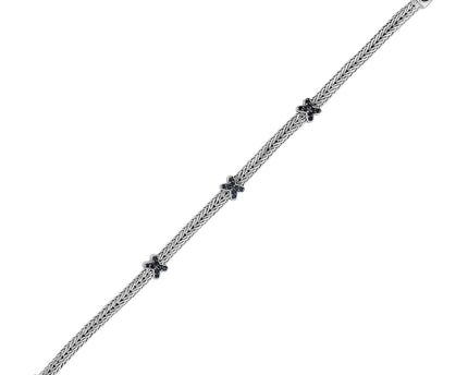 Woven Rope Bracelet with Black Sapphire X Accents in Sterling Silver