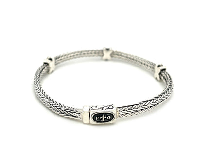 Woven Rope Bracelet with Black Sapphire X Accents in Sterling Silver