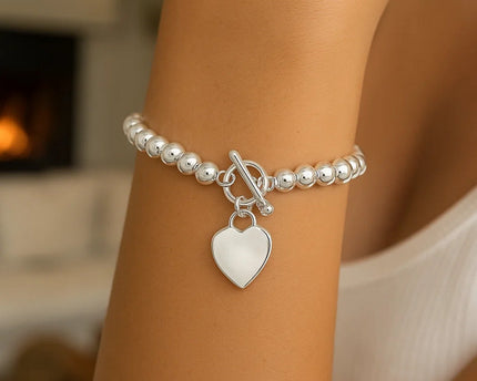 Sterling Silver Rhodium Plated Bead Toggle Heart Bracelet