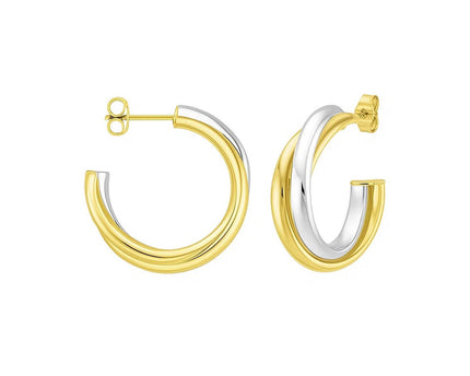 14K Two Tone Gold Interlocking Trinity C Hoop Earrings
