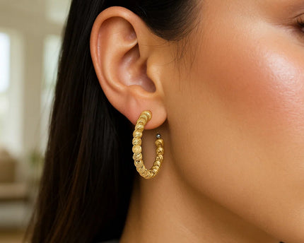 14K Yellow Gold Bead Hoop Earrings