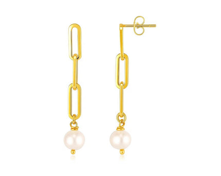 14k Yellow Gold Paperclip Chain Link Earrings with Pearls