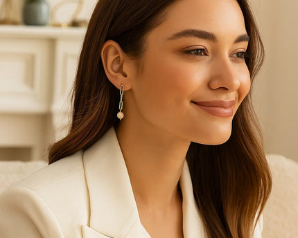 14k Yellow Gold Paperclip Chain Link Earrings with Pearls