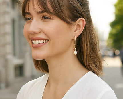 14k Yellow Gold Paperclip Chain Link Earrings with Pearls