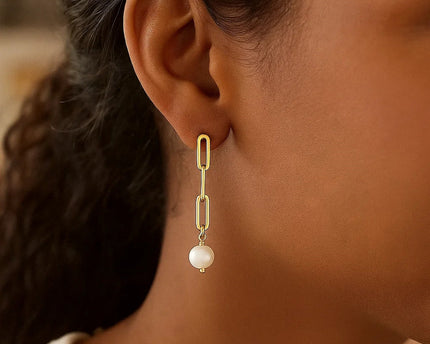 14k Yellow Gold Paperclip Chain Link Earrings with Pearls