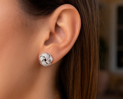 14k White Gold Love Knot with Ridge Texture Earrings