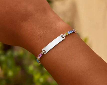 Sterling Silver Rhodium Plated Rainbow CZ ID Bracelet (2.70 mm)